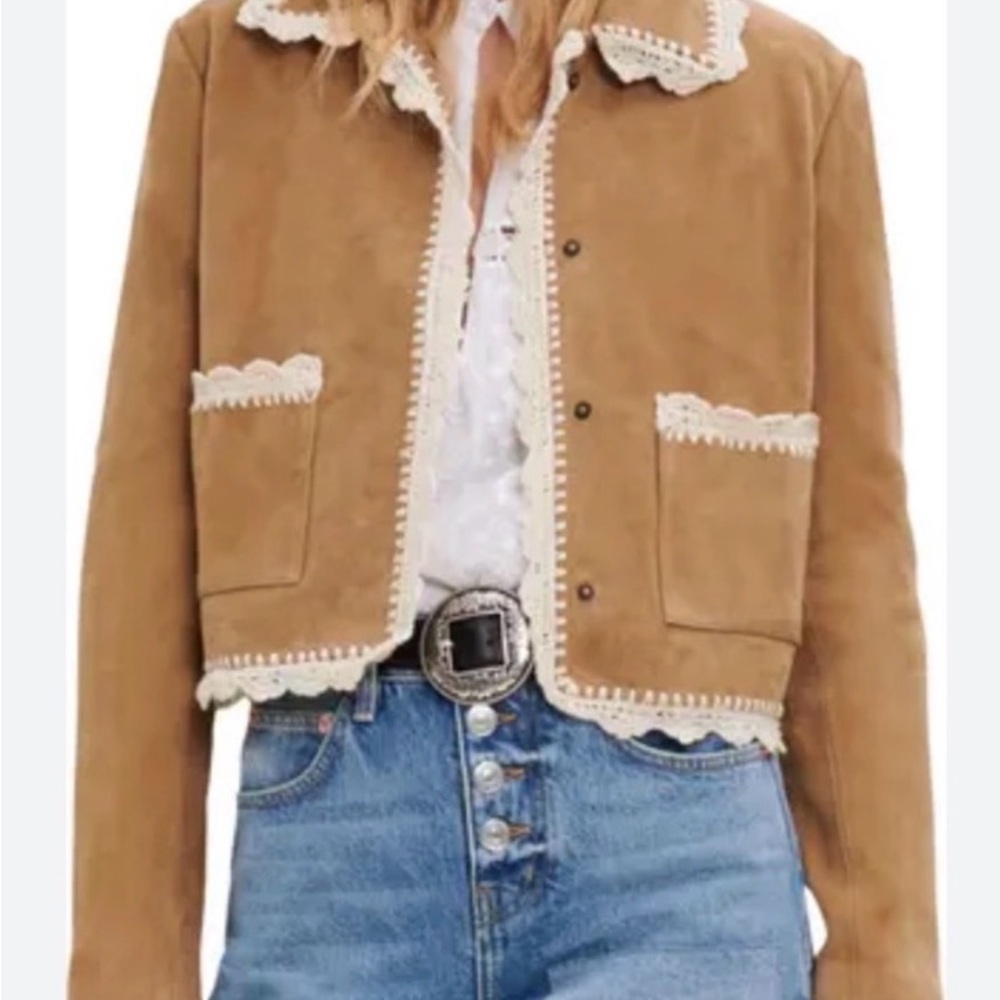 Women's Tan Jacket with Lace Trim